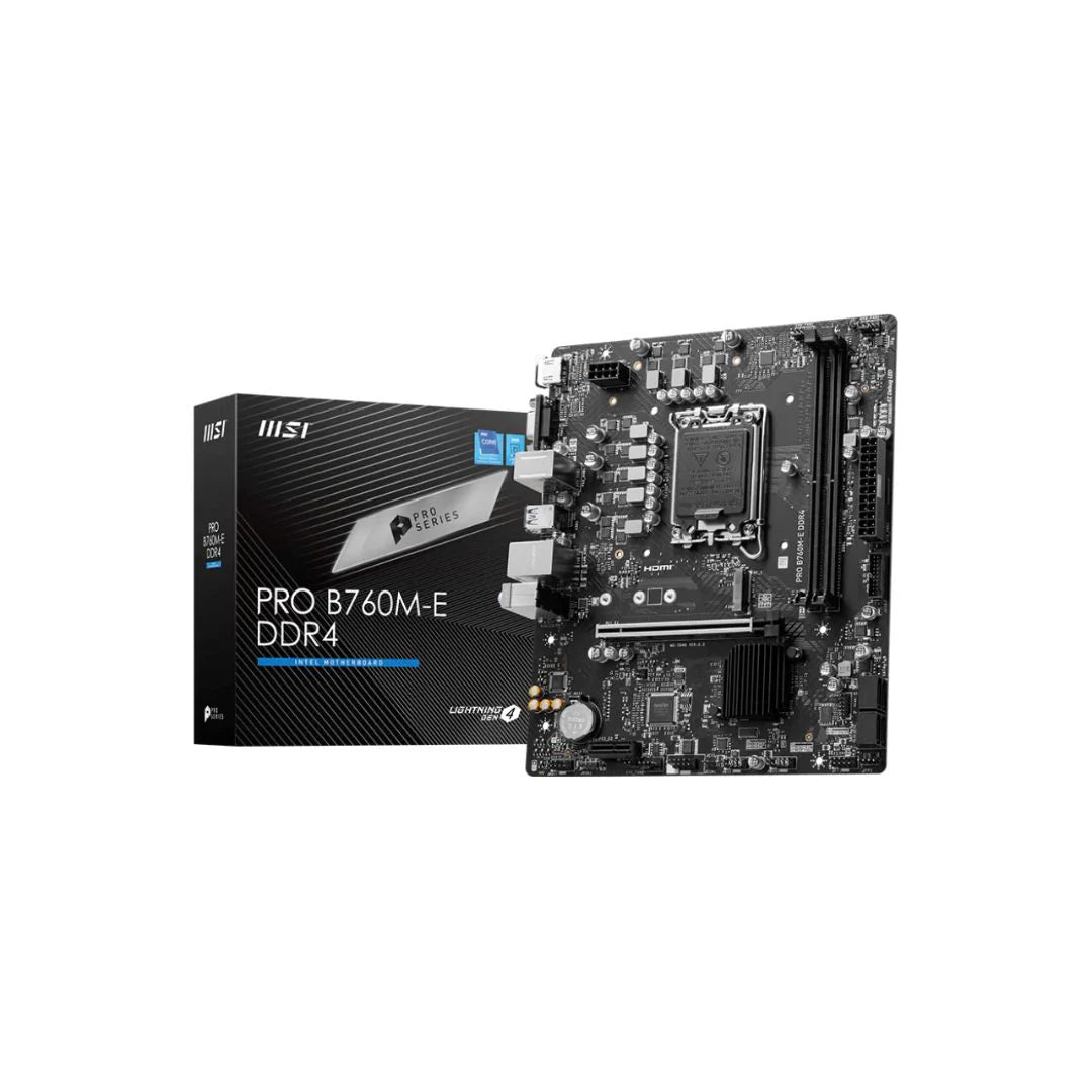 MSI PRO B760M-E DDR4 Motherboard, Micro-ATX - Supports Intel 14th, 13th & 12th Gen Core Processors, LGA 1700 - DDR4 Memory Boost 4800+MHz/OC, PCIe 4.0 x16 Slot, M.2 Gen4 Slot MSI PRO B760M-E DDR4 Motherboard, Micro-ATX - Supports Intel 14th, 13th & 12th Gen Core Processors, LGA 1700 - DDR4 Memory Boost 4800+MHz/OC, PCIe 4.0 x16 Slot, M.2 Gen4 Slot